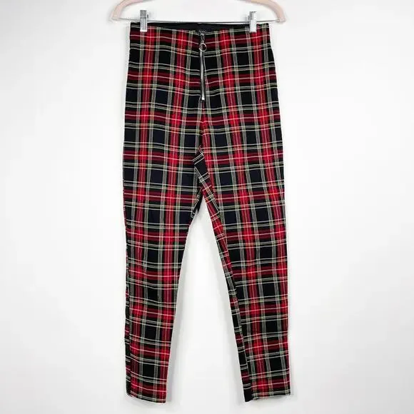 2/$30 ZARA Tartan Plaid Zip-up Skinny Pants Ring Pull Medium Red Black #7310 - Picture 3 of 16